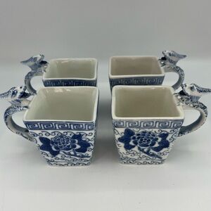 Chinese Tea Cups Set Of 4 Blue White Floral Dragon Handle Ceramic Square Marked